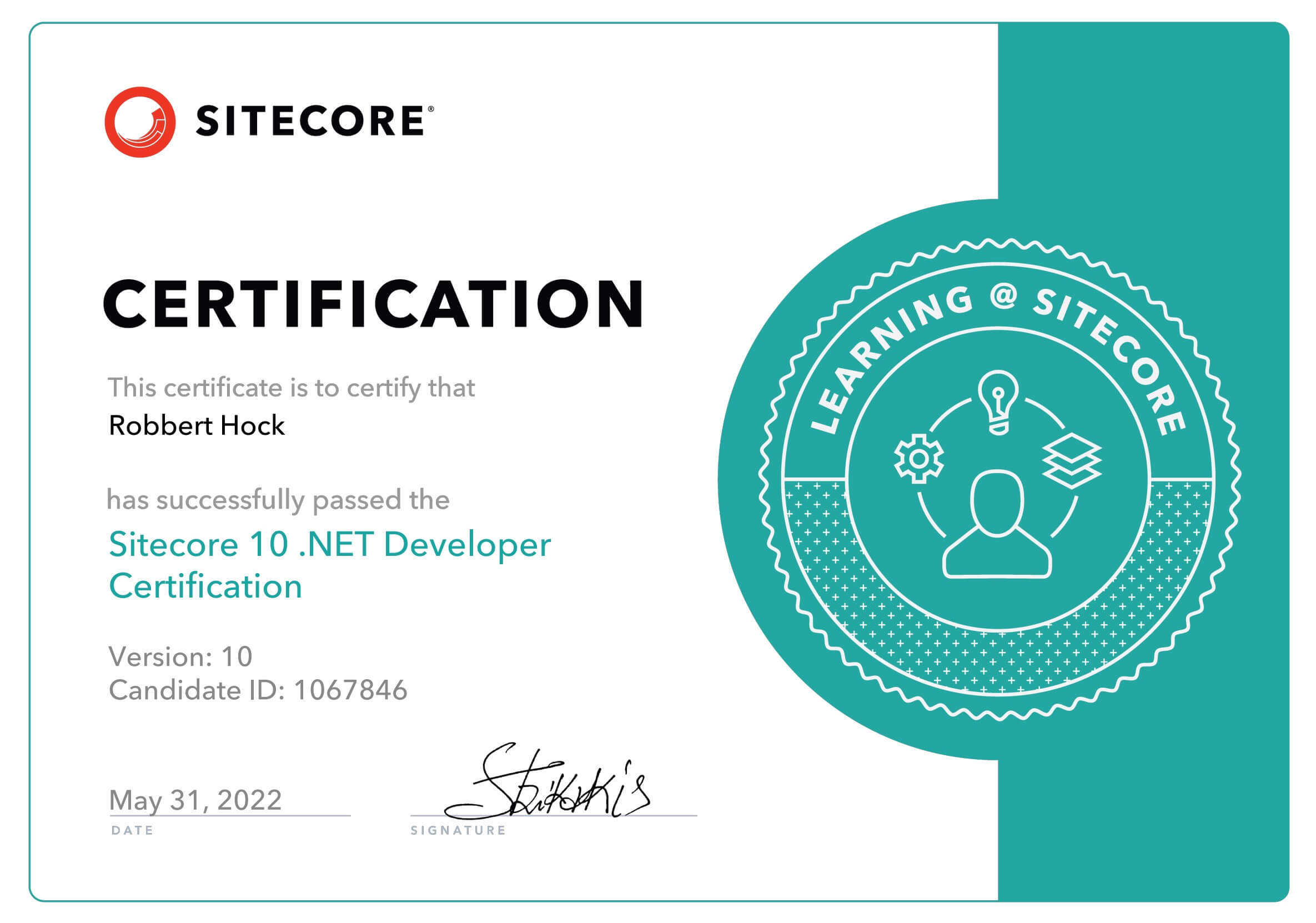 Sitecore 10 .NET Developer Certification - Certificate Robbert Hock