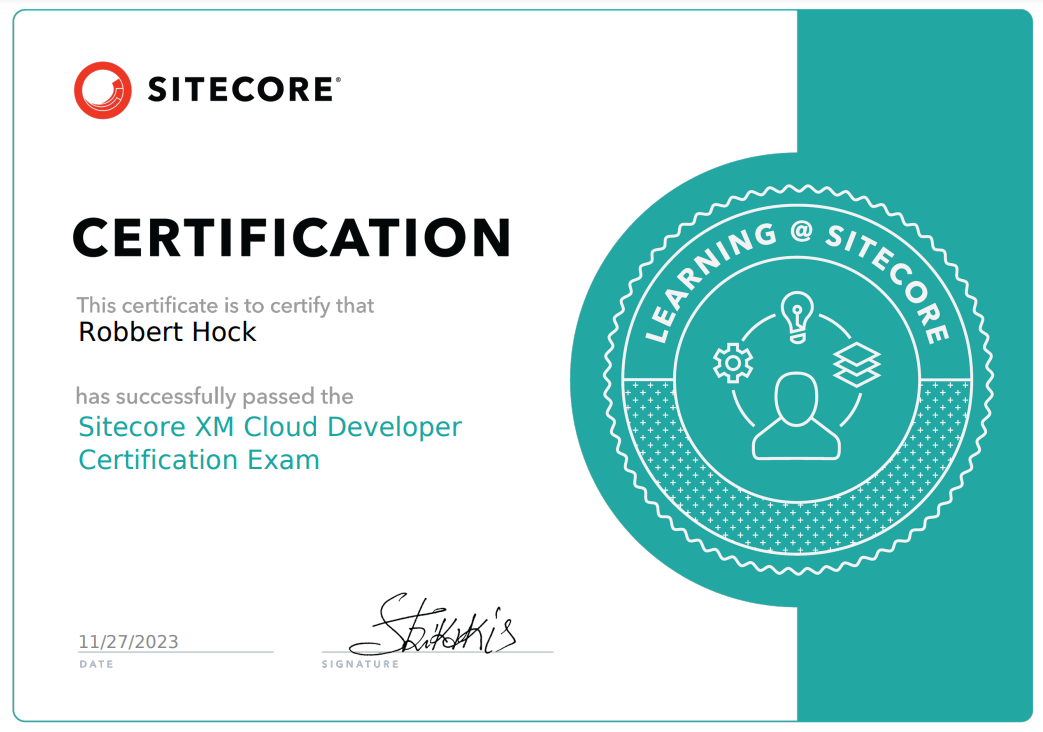 Robbert Hock - Sitecore XM Cloud Developer Certification Exam - ceretificate